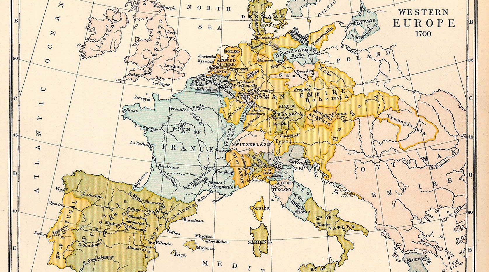 Map of Western Europe in 1700. Source: University of Texas at Austin, Wikimedia Commons, Public domain.