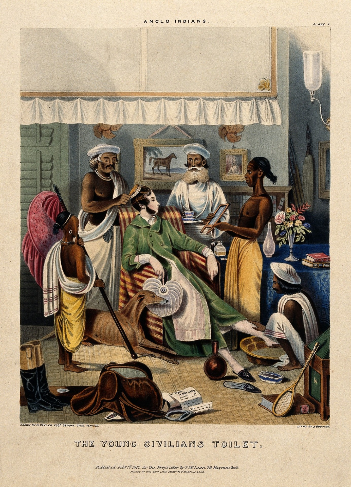 "A male Anglo-Indian being washed, dressed and attended by five Indian servants." Coloured lithograph by J. Bouvier, 1842, after W. Tayler. Source: Wikimedia Commons, CC BY 4.0.