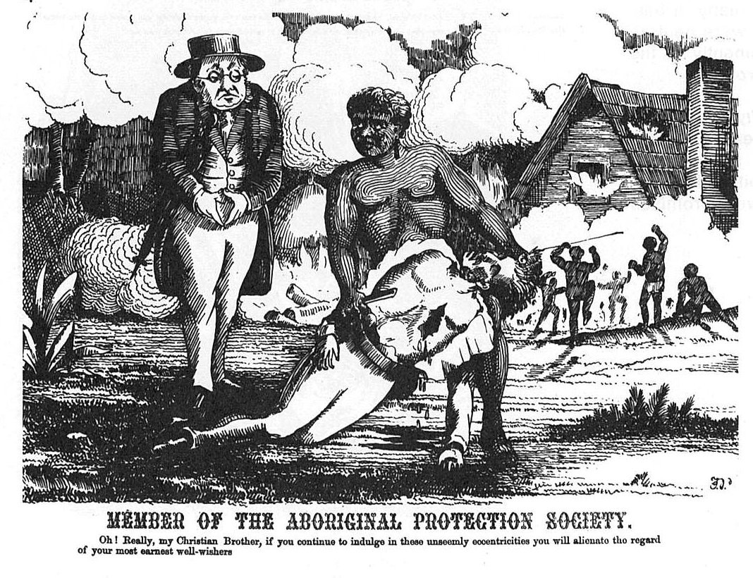 Punch political cartoon: "Member of the aboriginal protection society" (1868). Source: Wikimedia Commons, Public domain.