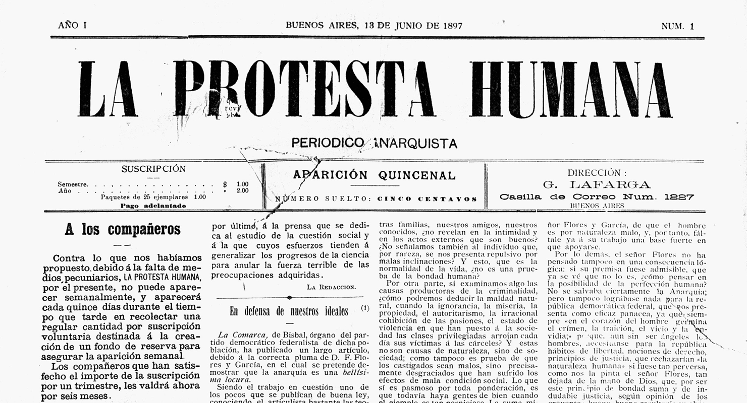 First edition of the anarchist newspaper La Protesta Humana from Argentina (1897). Source: Wikimedia Commons, Public domain.