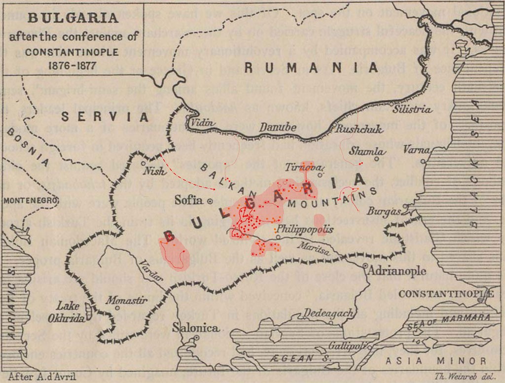 Map of the April Uprising of 1876 in Bulgaria, on Wikimedia Commons. CC BY-SA 3.0.