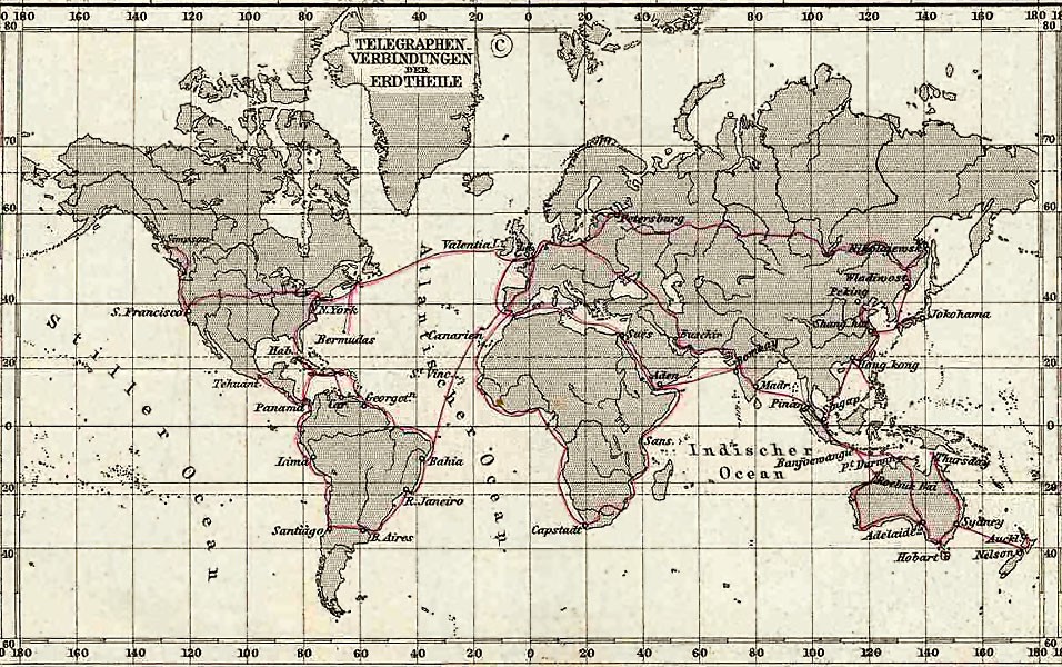 Telegraph Connections, 1891. Source: Stielers Hand-Atlas, Plate No. 5, Weltkarte in Mercator projection (inset). Wikimedia Commons, Public domain.