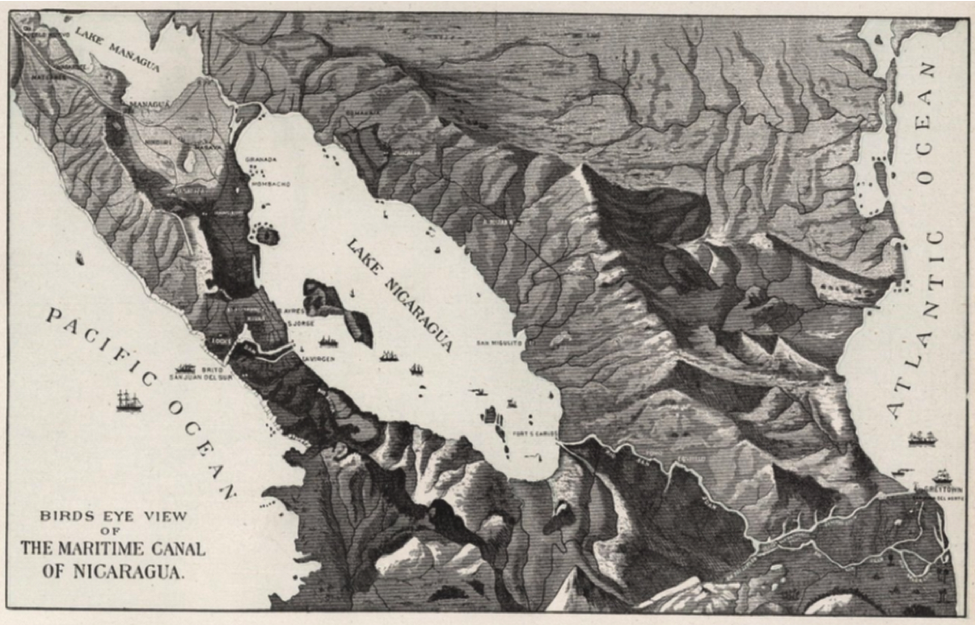 "Birds eye view of the Maritime Canal of Nicaragua." Authors: Cram, George Franklin; Murray-Aaron, Eugene. Publisher: G.F. Cram. Source: David Rumsey Historical Map Collection.