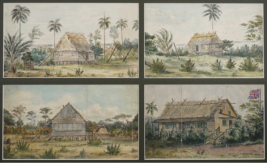 Four watercolors showing dwellings in Bluefields on the Mosquito Coast (also Mosquito Shore), then a British protectorate. They are the work of a traveler who was in Bluefields in July 1845. Source: Wikimedia Commons, Public domain.