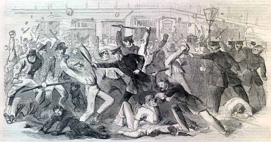 Depiction of rioters and police during the New York City draft riots of 1863. Source: Harper's Weekly, on Wikimedia Commons, Public domain.