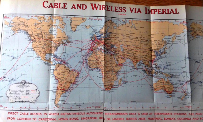 A map of cable and wireless lines emanating from Great Britain. Source: Frank James Brown, The Cable and Wireless Communications of the World (New York: Sir I. Pitman & Sons, Limited, 1930).
