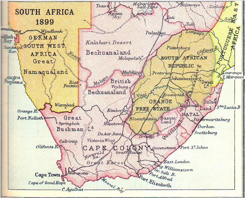 Map of Colonial Southern Africa, c. 1899, at the outbreak of the Anglo-Boer War. Source: http://people.virginia.edu/~mes2ee/global/south%20africa/sa1899.jpg