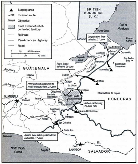 Map of June 1954 Guatemalan coup d'état. Copyright ©1998 by Indiana University. Source: Nick Cullather, Secret History: The CIA's Classified Account of Its Operations in Guatemala, 1952-1954, p. 91.
