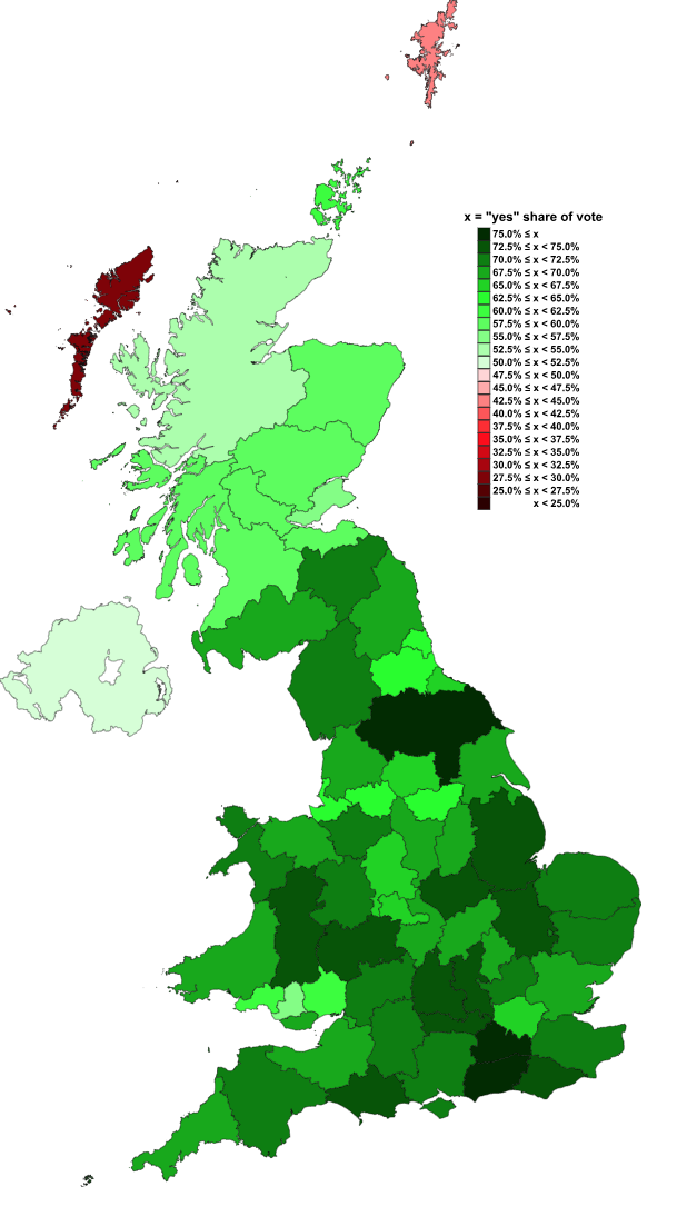 Map of the United Kingdom showing the % of areas that voted Yes in the EC membership referendum of 1975. Source: Wikimedia Commons, CC BY-SA 4.0.