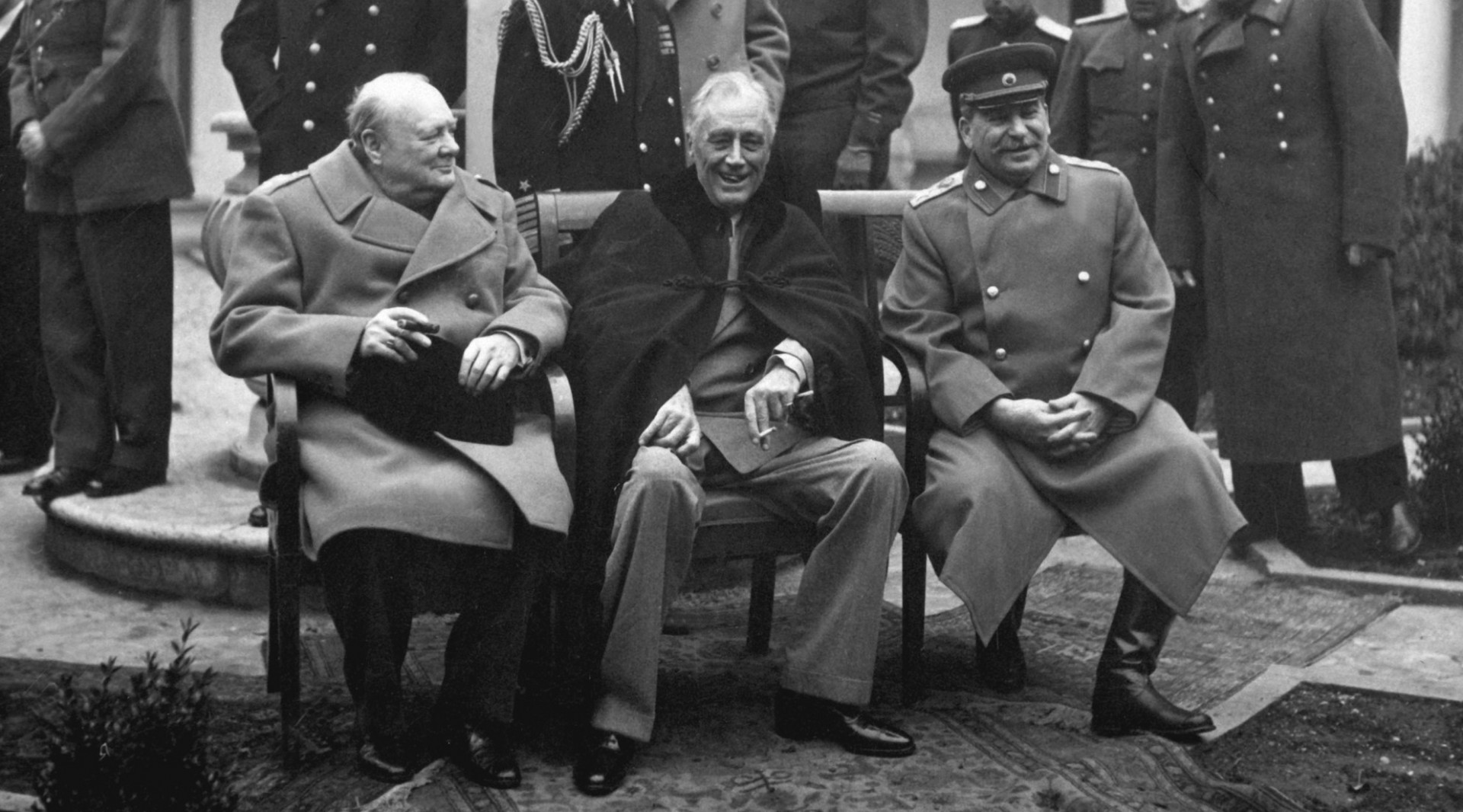 "Big Three" at Yalta in February 1945: Prime Minister Winston Churchill, President Franklin D. Roosevelt, and Premier Josef Stalin. Source: National Archives and Records Administration, Public domain.