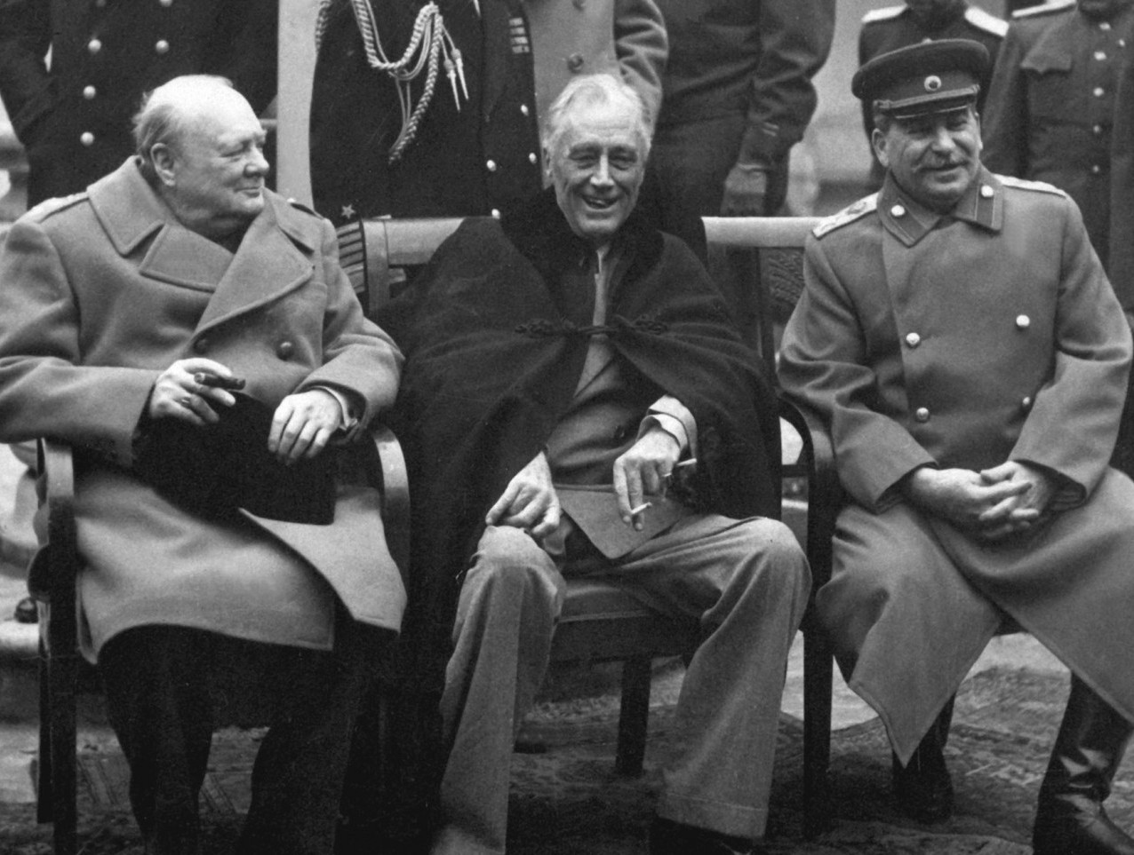 "Big Three" at Yalta in February 1945: Prime Minister Winston Churchill, President Franklin D. Roosevelt, and Premier Josef Stalin. Source: National Archives and Records Administration, Public domain.