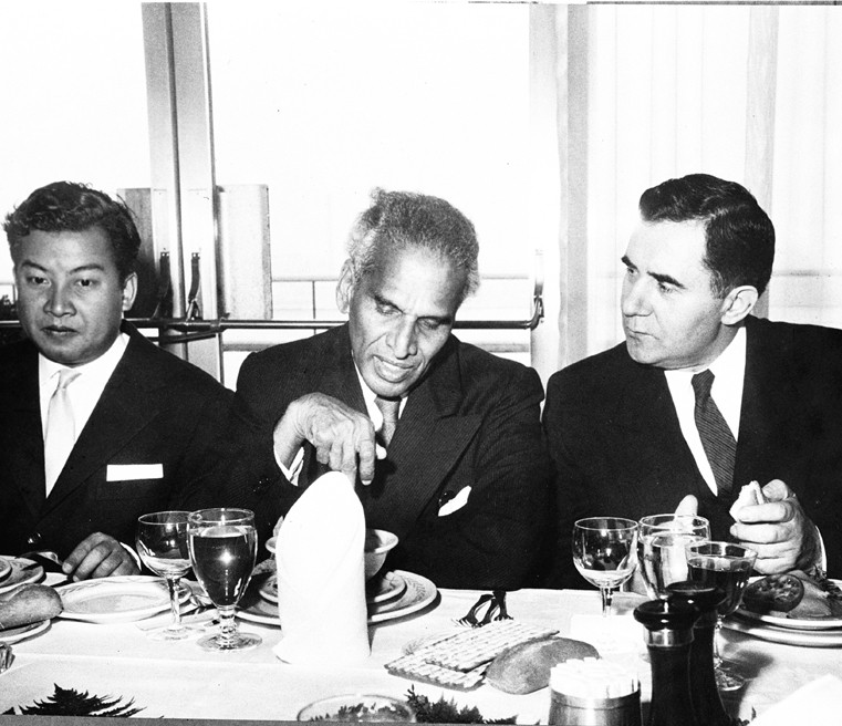 Prince Norodom Sihanouk (left), V.K. Krishna Menon (center) and Andrei Gromyako (right). Source: Photo Division, Ministry of Information & Broadcasting, Government of India; Public domain.