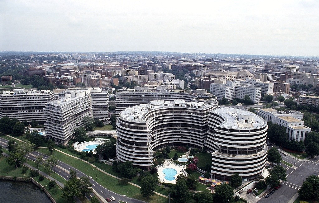 Aerial view of the infamous Watergate Hotel, Washington, D.C. Source: Carol M. Highsmith Archive at the Library of Congress; Public domain.