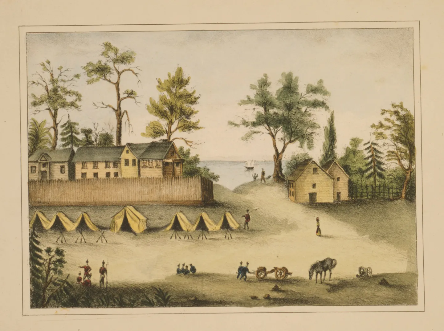 Soldiers in camp outside the fortified houses, Picolata, Florida (1837), lithograph — public domain. Source: Library of Congress / Wikimedia Commons.