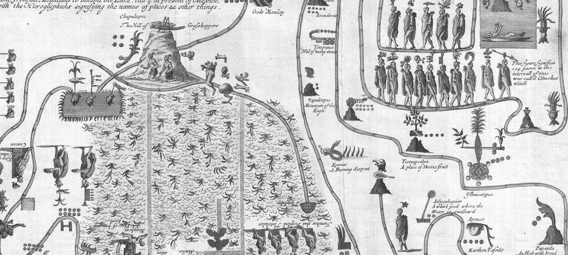 1704 map drawn by Giovanni Francesco Gemelli Careri showing the Aztec migration from Aztlan to Chapultepec Hill. 