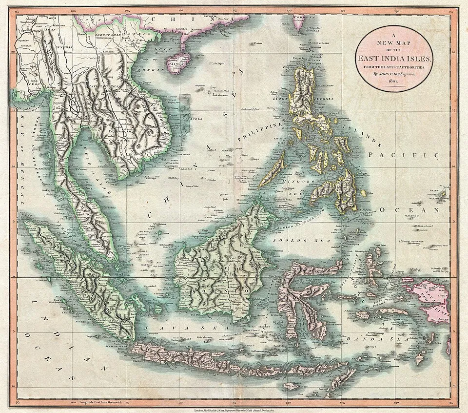 A map of Southeast Asia and the Malay Peninsula, including Singapore, Philippines, Borneo, Sumatra, java, the Celebes, and parts of Papua New Guinea, 1801. Source: John Cary's New Universal Atlas, Geographicus Rare Antique Maps.