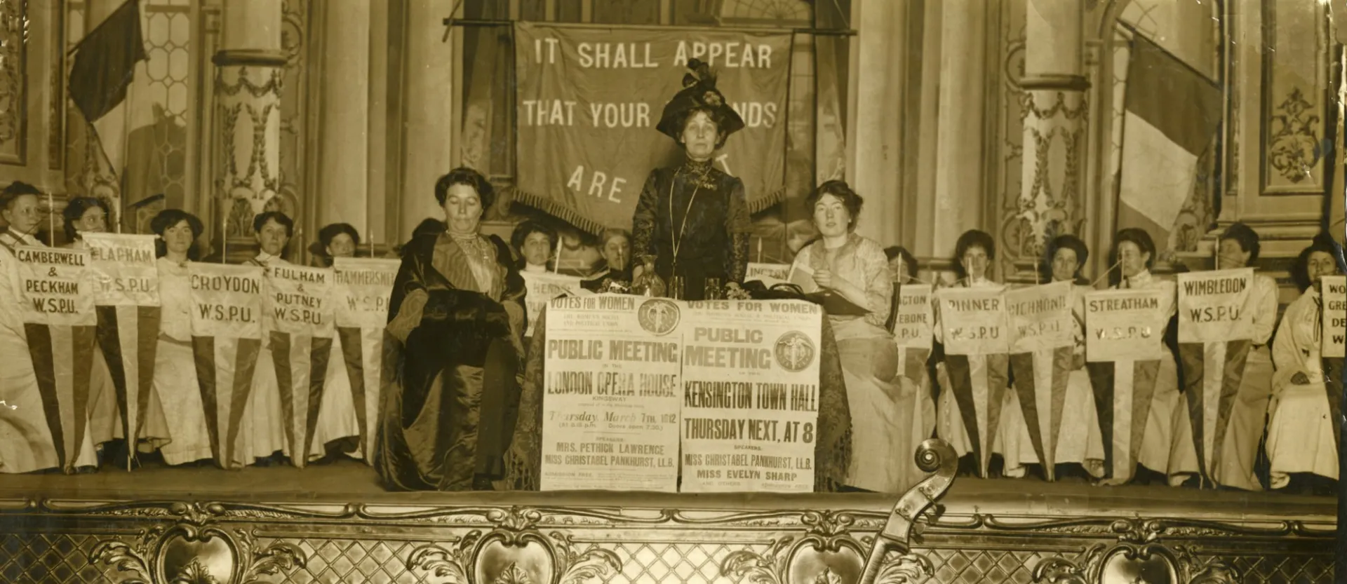 Emmeline Pankhurst speaking at a Women's Social & Political Union (WSPU) meeting, 1912.