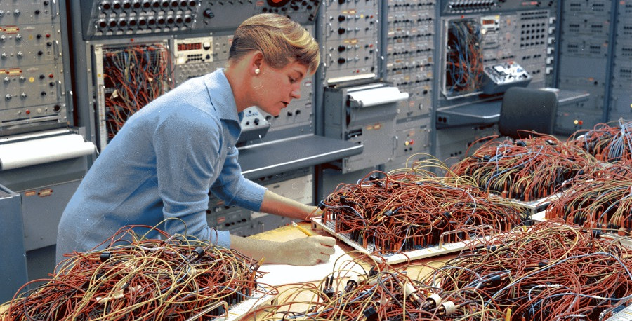 Engineer Karen Leadlay in Analog Computer Lab Date