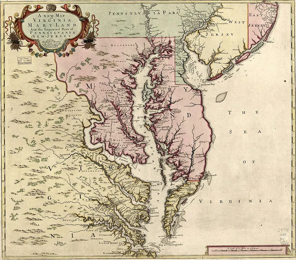 A new map of Virginia, Maryland, and the improved parts of Pennsylvania & New Jersey, 1685. Source: Library of Congress