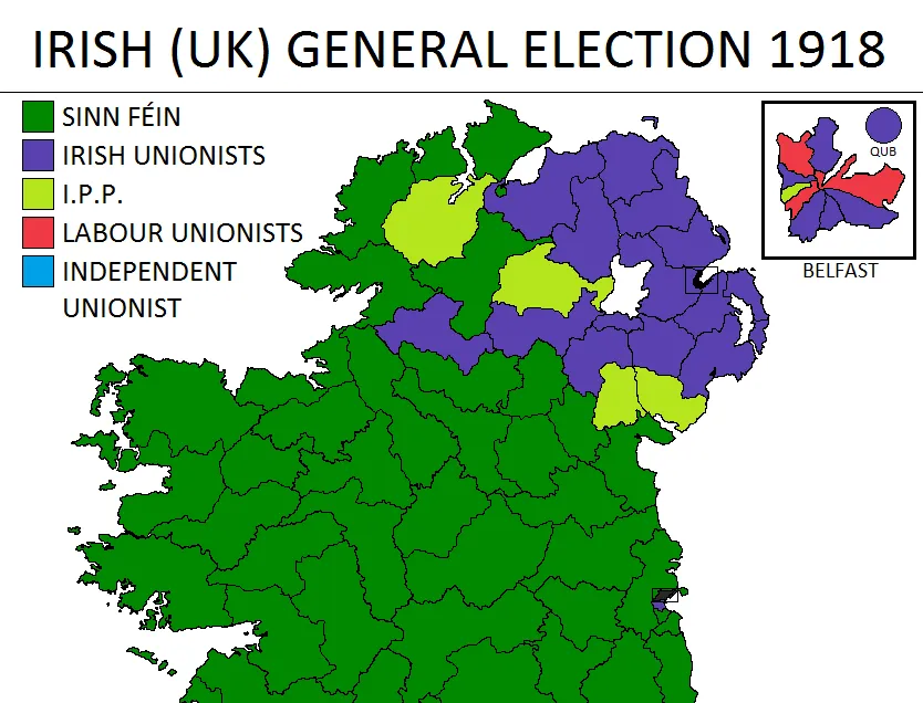 Results map of the Irish (UK) general election of 1918. Source: Wikimedia Commons, Public domain.