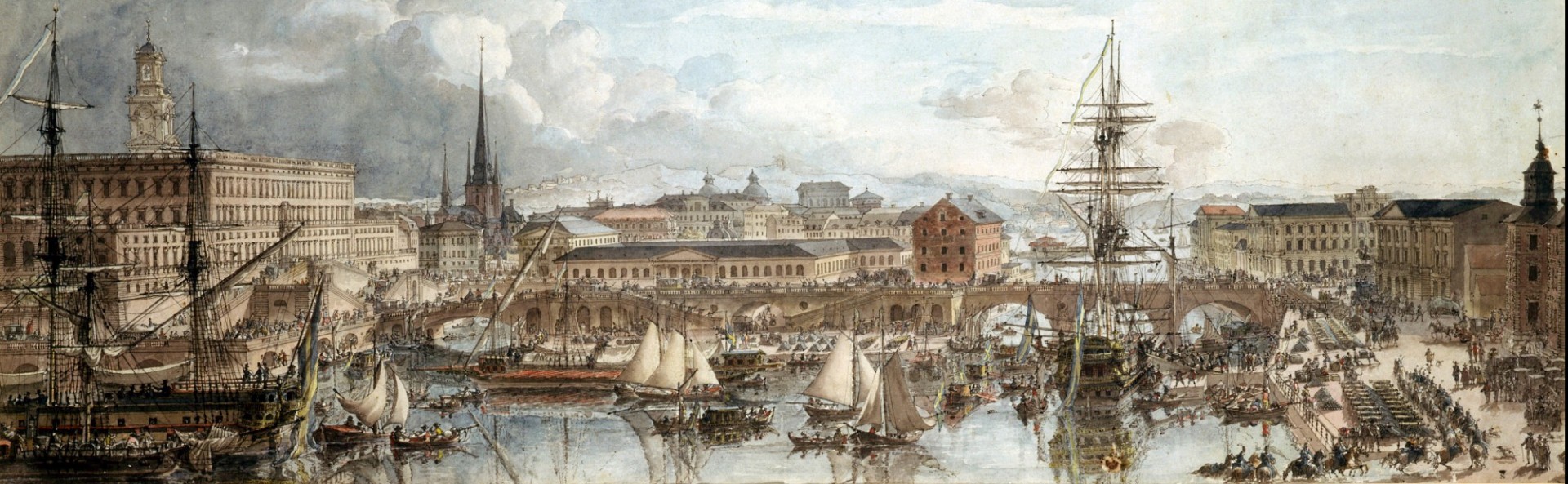 Watercolor by Louis Jean Desprez (1743-1804) depicting Swedish warship being fitted for war in 1788
