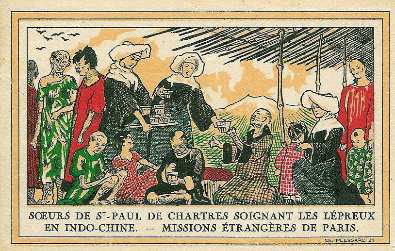 "Les Sœurs de Saint Paul de Chartres Nuns Looking after the Leprous in Indochina." Source: CPA, on Wikimedia Commons. Public domain.