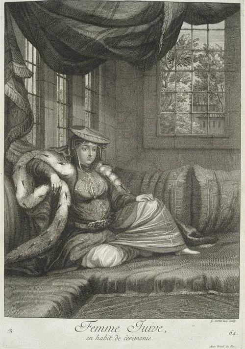 Jewish woman in ceremonial dress, Ottoman Empire, early 18th century. After Jean-Baptiste Vanmour (1671–1737). Public domain.