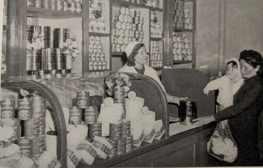 A Minsk store displays UNRRA food. 