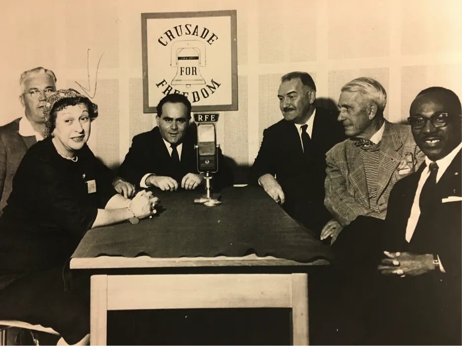 Betty Shapiro of B’nai B’rith Women and other participants in 1958 Crusade-sponsored Study Trip to RFE facilities take part in a recording to be beamed to Czechoslovakia. Source: American Jewish Archives, MS-284: B’nai B’rith Women Records, 1947-1985, Box 2, Folder 1.