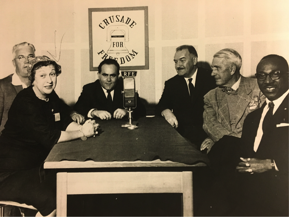 Betty Shapiro of B’nai B’rith Women and other participants in 1958 Crusade-sponsored Study Trip to RFE facilities take part in a recording to be beamed to Czechoslovakia. Source: American Jewish Archives, MS-284: B’nai B’rith Women Records, 1947-1985, Box 2, Folder 1. Betty Shapiro of B’nai B’rith Women and other participants in 1958 Crusade-sponsored Study Trip to RFE facilities take part in a recording to be beamed to Czechoslovakia. Source: American Jewish Archives, MS-284: B’nai B’rith Women Records, 1947-1985, Box 2, Folder 1.