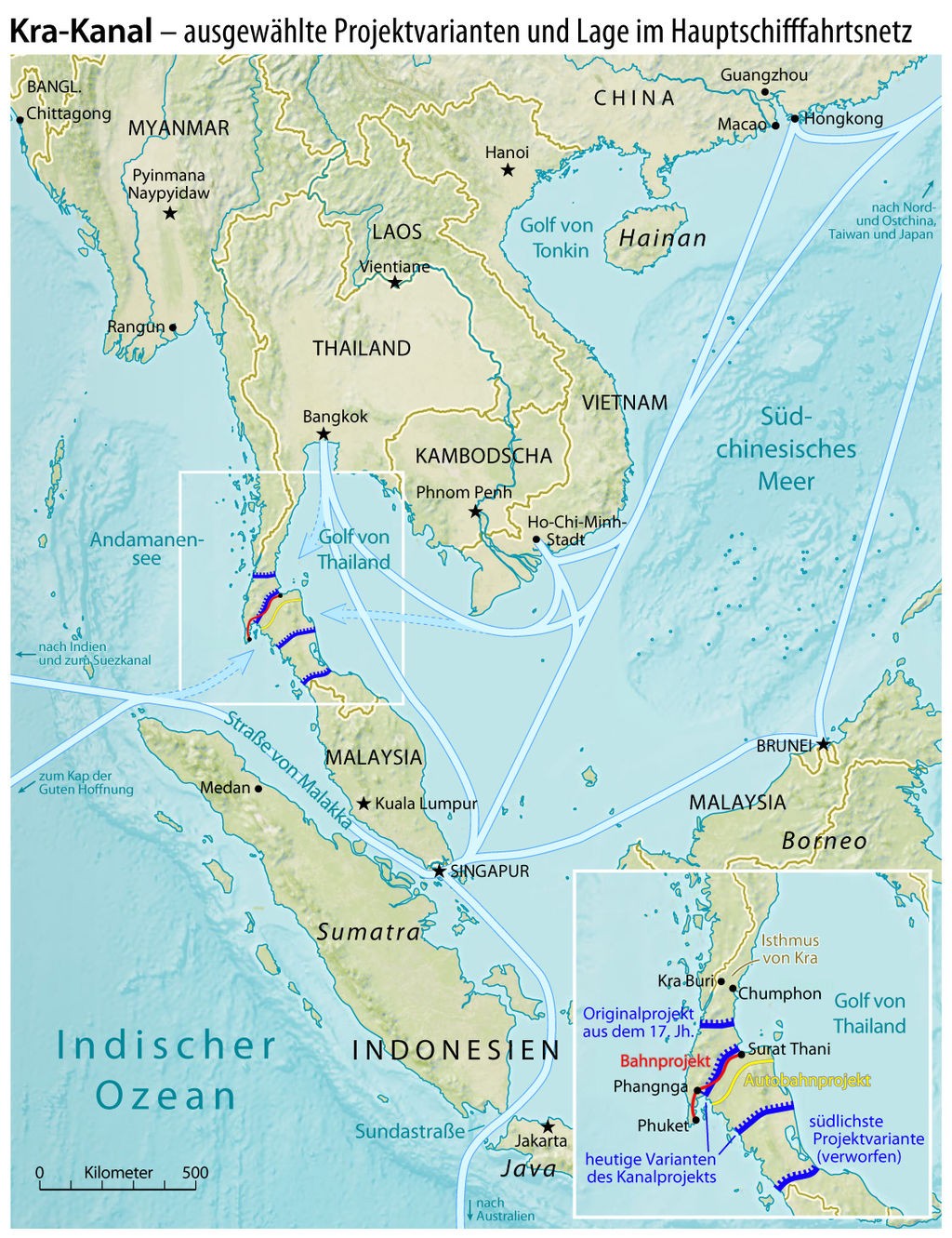Map of selected project variants of the proposed Kra Canal. Source: CIA World Factbook, via Wikimedia Commons, Public domain.