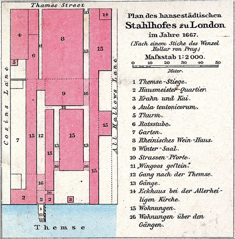 Johann Gustav Droysen’s map of the Steelyard in 1667.  A “Rhenish wine house” (8), “German Auditorium” (4) and living spaces (15 & 16) can all be seen here