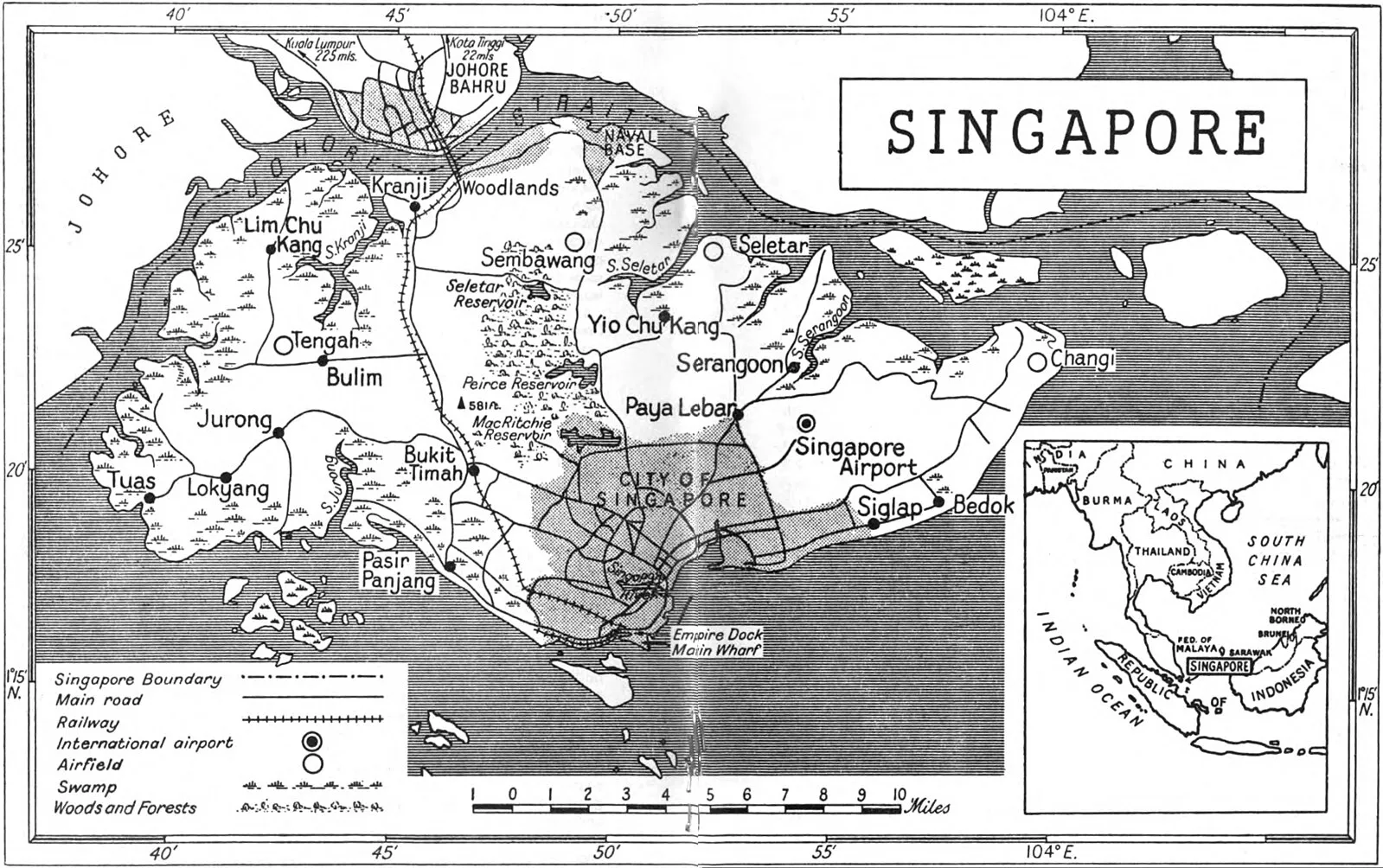 A map of Singapore published in The State of Singapore, published by the British Information Services in April 1959