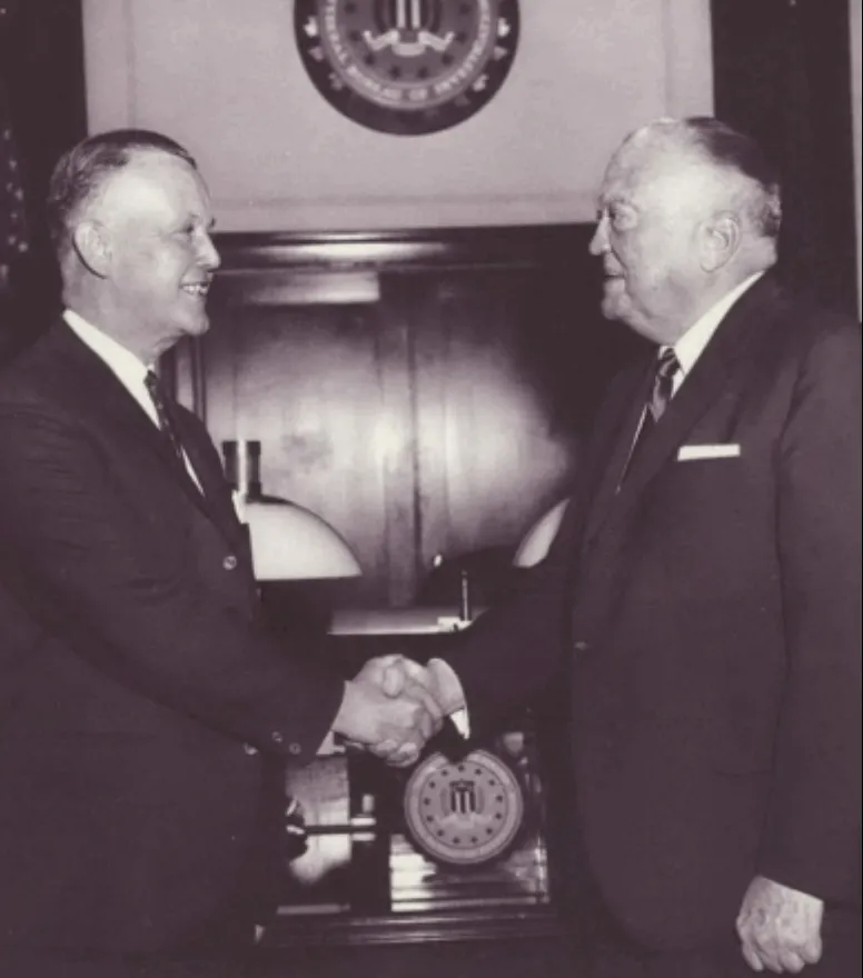 RCMP Deputy Commissioner William H. Kelly (left) shaking hands with FBI Director J. Edgar Hoover. FBI Law Enforcement Bulletin, May, 1968, Volume 37, Number 5, FBI Law Enforcement Bulletin Repository, 29.