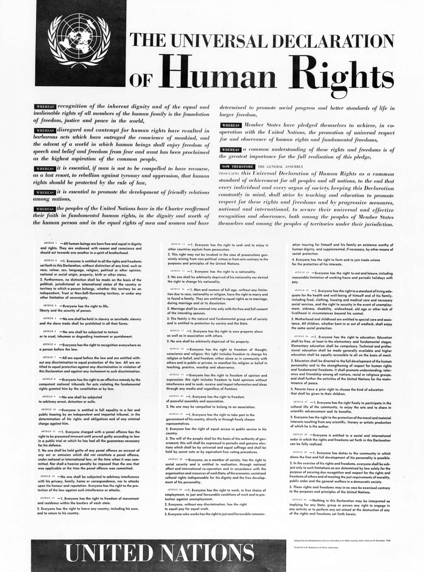 The UN "Universal Declaration of Human Rights," adopted 10 December 1948. Source: Wikimedia Commons, Public domain.