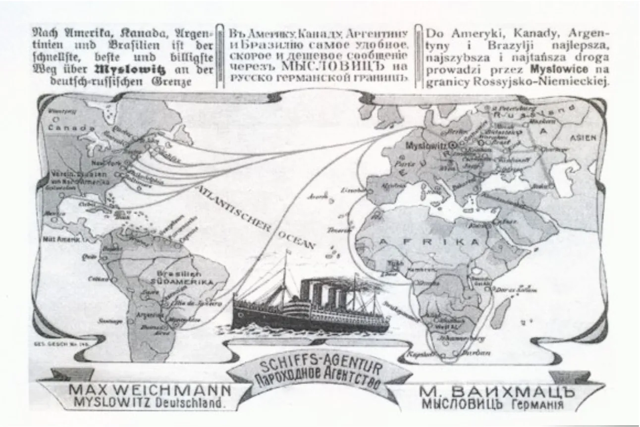 "Werbekarte des Auswanderungsagenten Weichmann in Myslowitz, um 1900." Source: Stadtmuseum Myslowitz.
