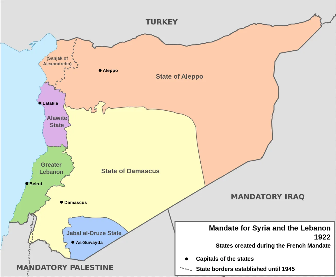 Map of French Mandate for Syria and the Lebanon and the states created in 1922. Source: Wikimedia Commons, CC BY 3.0.