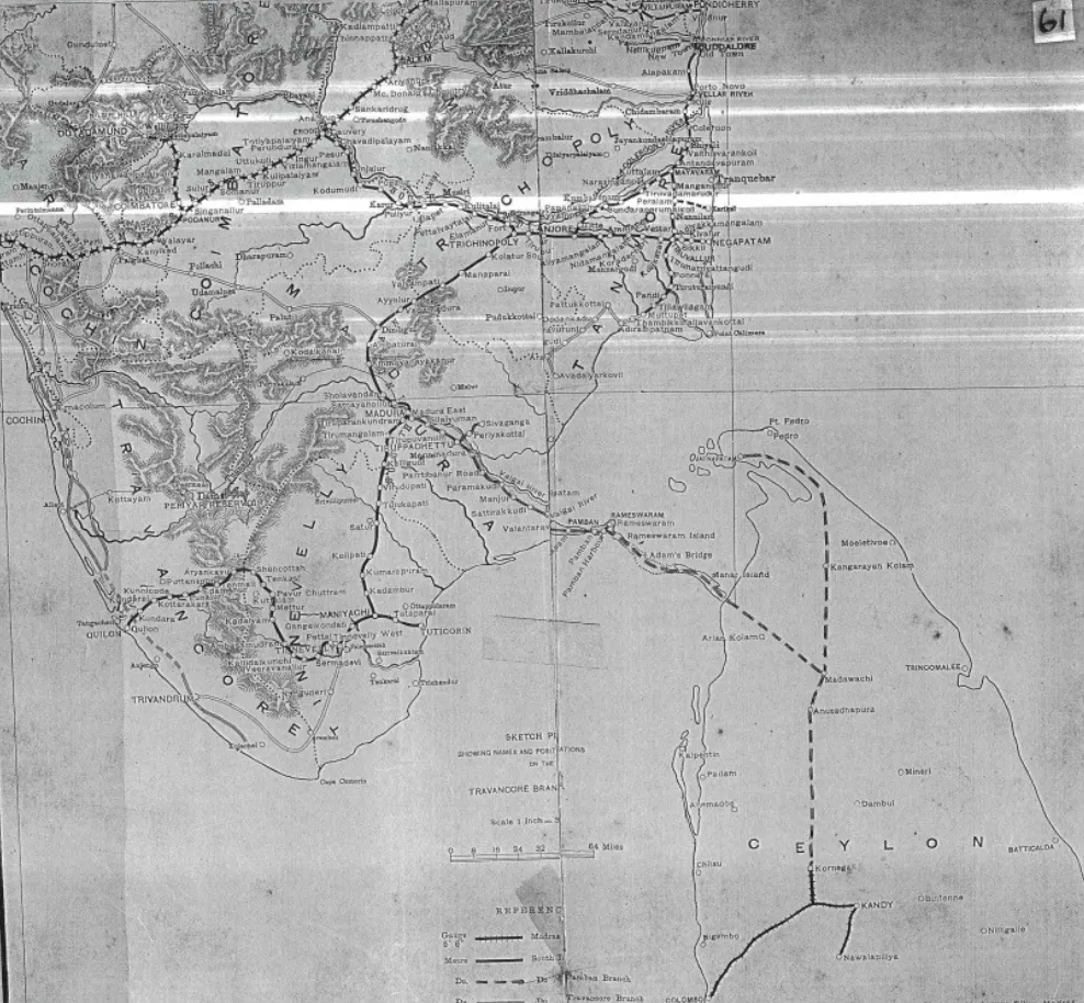 Map prepared by the South Indian Railway indicating railway connections with Cochin, Travancore, Madras Presidency, and Ceylon. South Indian Railway Co., LD, Travancore Branch, Survey Report (1900)