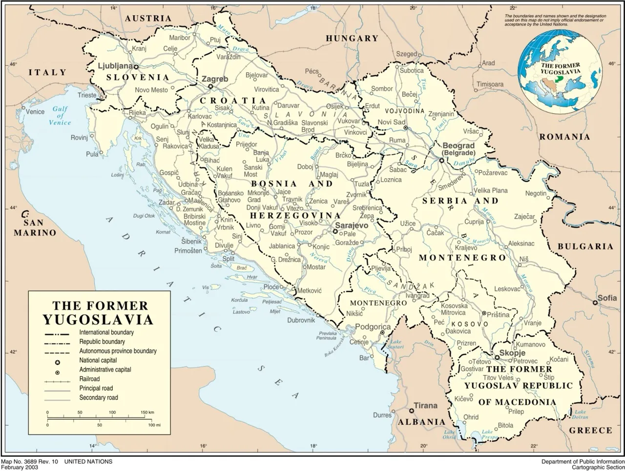 Map of The Former Yugoslavia, showing national borders as they existed before Serbia and Montenegro separated. Source: United Nations, Department of Public Information Cartographic Section