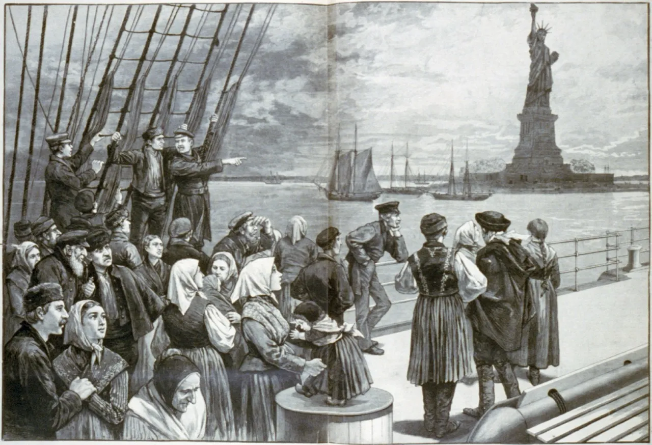 Welcome to the land of freedom- An ocean steamer passing the Statue of Liberty, from a sketch by a staff artist, 2 July 1887. Source: Library of Congress