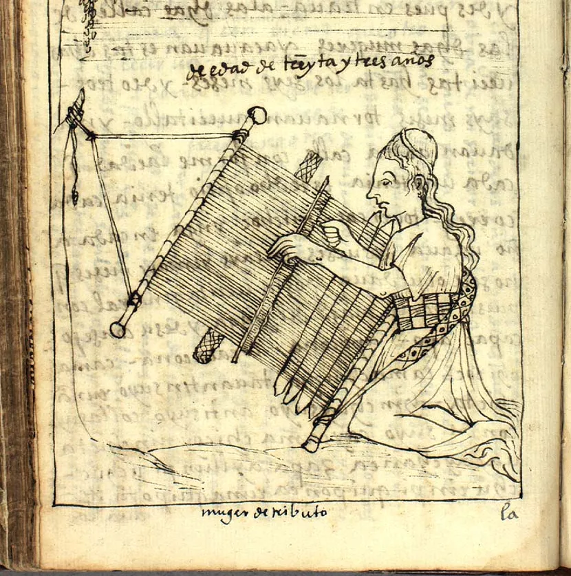 Woman weaver (awakuq warmi), from El primer Nueva Corónica y Buen Gobierno (ca. 1615) by Felipe Guamán Poma de Ayala, depicting women’s labor and social roles in early colonial Peru. Public domain.